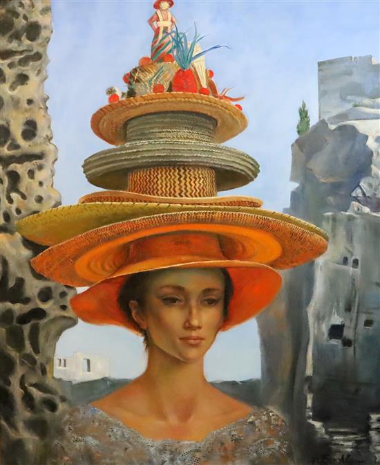 § Jean-Pierre Alaux (French b.1925) Woman wearing multiple hats 36 x 28in.